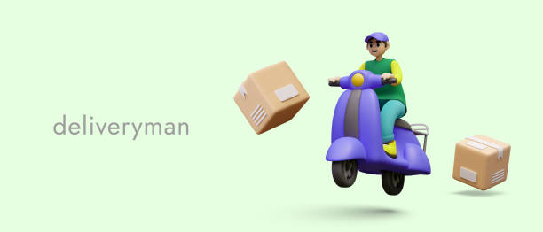 istock Deliveryman is in hurry on motorbike. Transportation service advertisement 2149142260