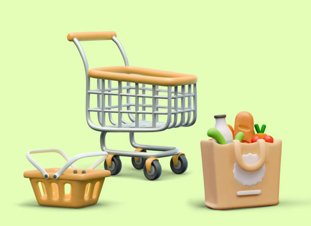 istock Shopping concept. Empty shopping cart, basket, paper bag with food 2149142286