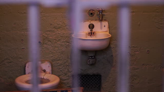 Alcatraz Prison, Toilet and Sink in Prison Cell, View Behind Metal Bars, Detail