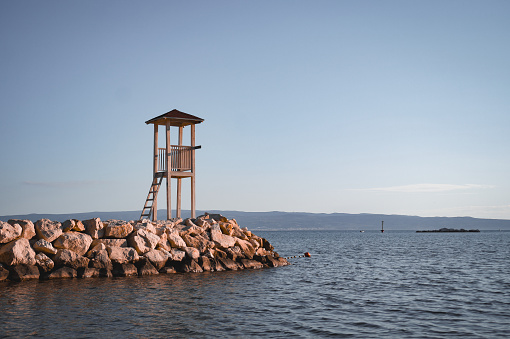 wooden booth on the beach, lifeguard booth, seawater, rocks on the beach, blue lagoon, Croatia, vacation destination, Split, Adriatic sea
