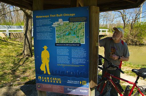 One of many historical signs along the Illinois Michigan Canal Towpath Trail, near Rockdale, Illinois.