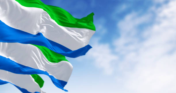 istock Three Sierra Leone national flags waving in the wind 2149143529