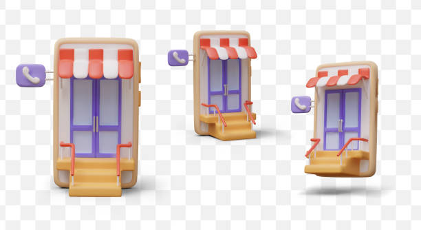 istock Concept of ordering by phone. Door with steps, railing, striped canopy, telephone sign 2149143825