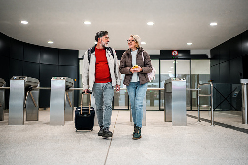 Cheerful mature couple of passengers with luggage at the train station