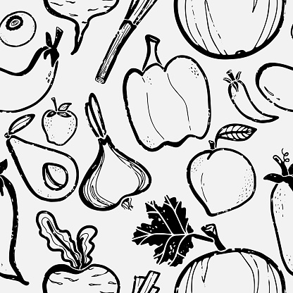 Texture doodle vegetables and fruits, black and white. Cartoon style. Hand drawn elements. Vector seamless overlapping pattern.