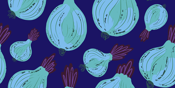 Texture bulbs. Vegetable pattern. Cartoon style. Hand drawn elements. Vector seamless overlapping pattern.