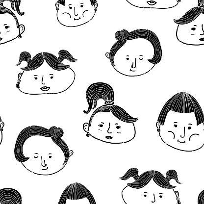 Texture doodles of girls, portraits. Cartoon style. Hand drawn elements. Vector seamless overlapping pattern.