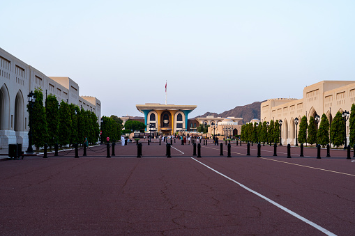 Muscat, Oman - 2. November 2023: Entrance to the Al Alam Sultan Palace at dusk, Muscat, Oman