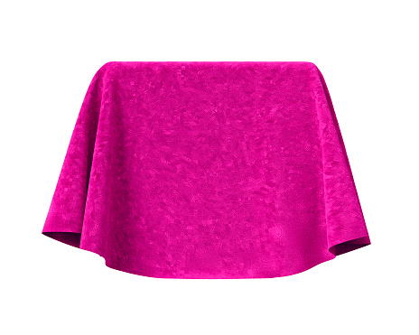 Box covered with velvet fabric, isolated on white background. Reveal the hidden object. Surprise, award, prize, presentation concept.