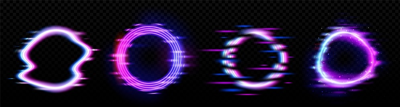 Neon glowing circle frame with glitch effect on black background. Realistic vector illustration set of ring border with tv digital light bug. Round luminous shape with video lag and noise texture.