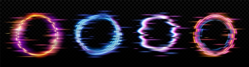 Neon glowing circle frame with glitch effect on black background. Realistic vector illustration set of ring border with tv digital light bug. Round luminous shape with video lag and noise texture.
