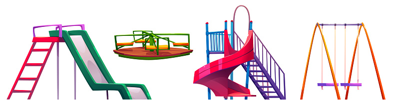 Playground park swings and slides collection. Cartoon vector illustration set of equipment for public city kids garden or kindergarten. Children entertainment and outdoor active leisure playset.