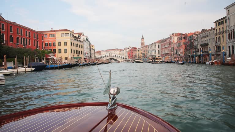 Driving a speed boat through the Grand Canal of Venice on a sunny day.