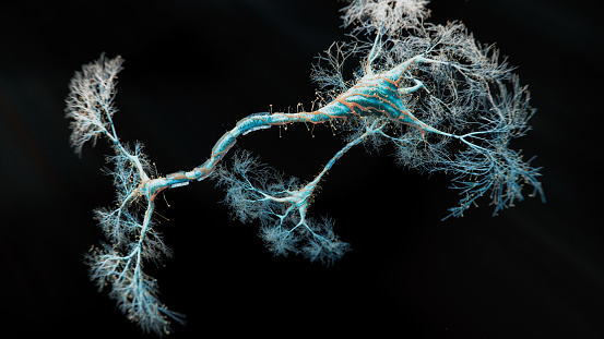 Firing Neurons - 3d rendered image of Neuron cell network on black background.  Conceptual medical illustration.  Healthcare concept. SEM [TEM] view. Glowing neurons signals.