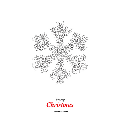 Christmas Snowflake Shape Made of Benzene Methyl Group Molecule Formula Icons, Xmas Snow Silhouette of Aromatic Hydrocarbon Chemistry Skeletal Formula Symbols, Greeting Card