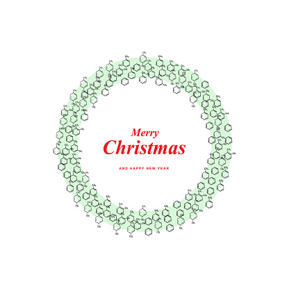 Christmas Wreath Shape Made of Benzene Methyl Group Molecule Formula Icons, Xmas Spruce Silhouette of Aromatic Hydrocarbon Chemistry Skeletal Formula Symbols, Greeting Card