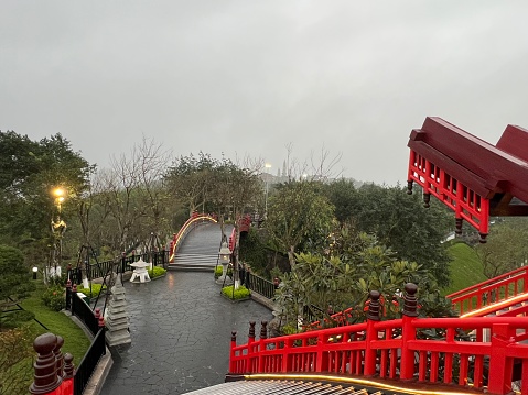 Halong Vietnam 3-13-2024  Views of the beautiful red bridges and landscaped gardens at Sun World Ha Long
