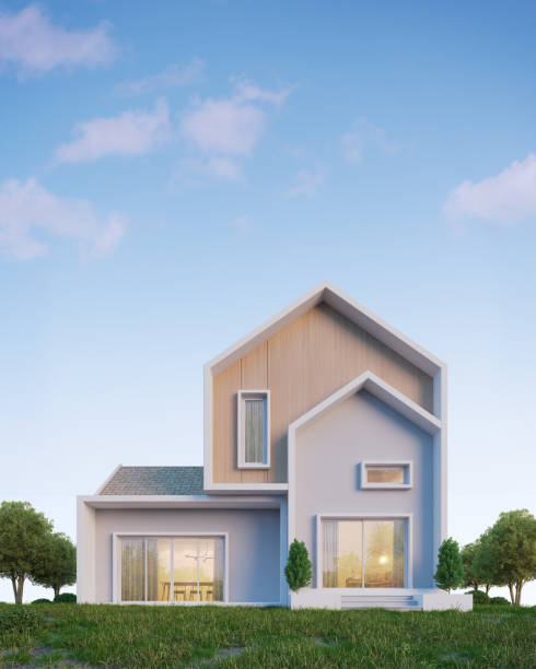 Nordic house exterior on the grassy knoll with copy space and blue sky.3d rendering