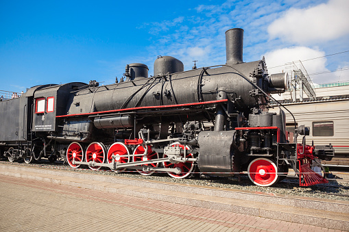 Old steam locomotive at the Vladivostok railway station in Vladivostok city, Primorsky Krai in Russia