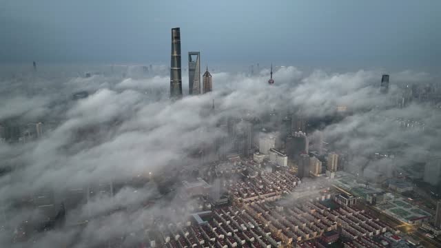 Drone perspective of landmarks in Shanghai, China,Shanghai in fog