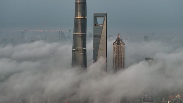 Drone perspective of landmarks in Shanghai, China,Shanghai in fog
