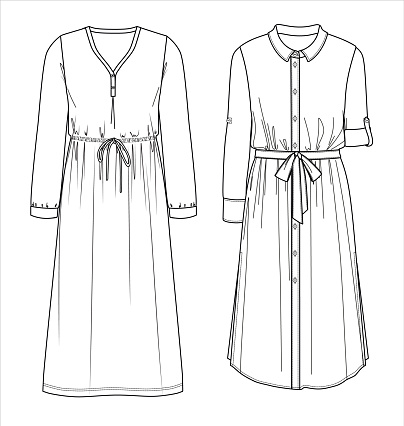 Vector long sleeved dress technical drawing, woman maxi dress with bow detail fashion CAD, long shirt with belt and pockets template, sketch, flat. Woven fabric dress with front, back view,white color