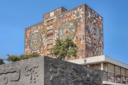 Mexico City, Mexico – 11-26-2022: Iconic building of the Central Library in the National Autonomous University of Mexico, UNAM.