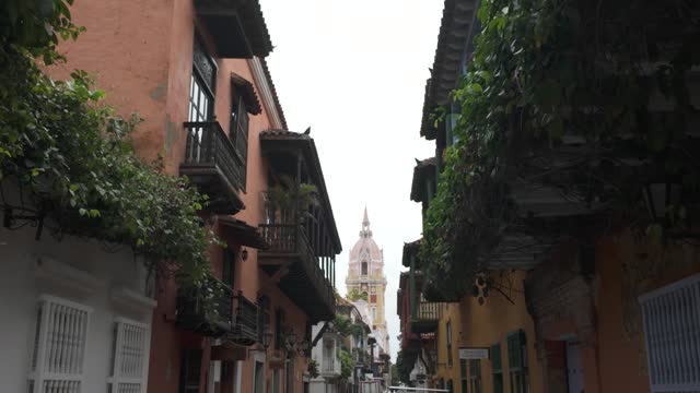 Looking Along Old Town Street In Cartagena, Colombia With Green Shrub Plants Hanging From Balcony. Tilt Down Shot