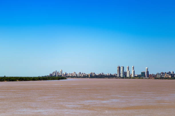Rosario, Santa Fe Argentina. Skyline of the city. Panoramic view of Parana river and the islands. Copy space in the sky.