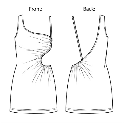 Vector mini dress fashion CAD, woman bodycon sleeveless dress technical drawing, slim fit one shoulder dress with volant template, sketch, flat. Jersey  fabric dress with front, back view, white