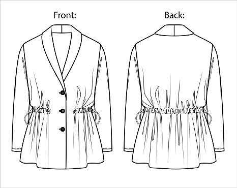 Vector long sleeved jacket fashion CAD, winter woman knitted cardigan technical drawing, woman tweed blazer template, flat, sketch. Jersey or woven fabric jacket with front, back view, white color
