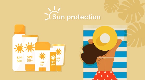 Girl on the beach. Sunscreen to her body. Protection cosmetics set with SPF UV filter. Summer vacation banner. Vector graphics