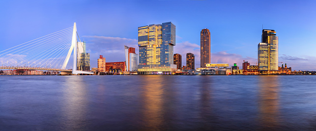 Evening cityscape, panorama, banner - view of Rotterdam with Tower blocks in the Kop van Zuid neighbourhood and Erasmus Bridge, The Netherlands, 2 January, 2018