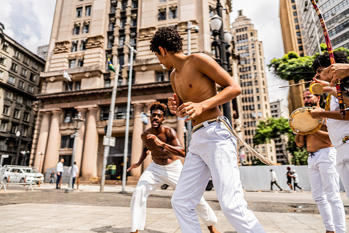 Capoeirista playing capoeira in Sao Paulo, Brazil