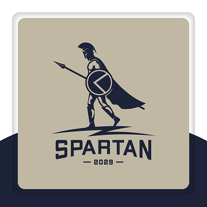 spartan logo design shield, spear, cloak, walking, vector illustration