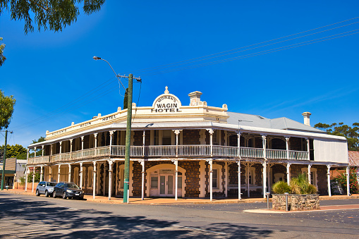 Wagin, Australia, March 12, 2023. The heritage Moran's Wagin Hotel in Wagin, a small town in the Western Australian Wheatbelt. March 12, 2023