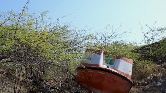 isolated rusted speed boat kept at forest at day from flat angle