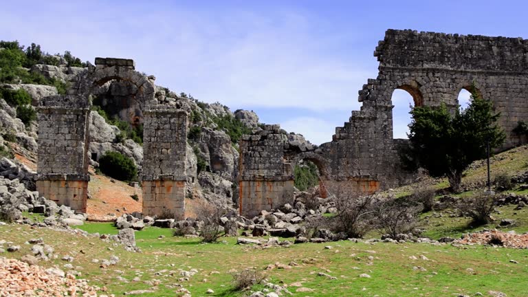 Panoramic video of Olba, Turkey, showcases archaeology, ancient ruins. Footage captures main gate, highlights archaeology. Explore archaeology of Roman city in detail