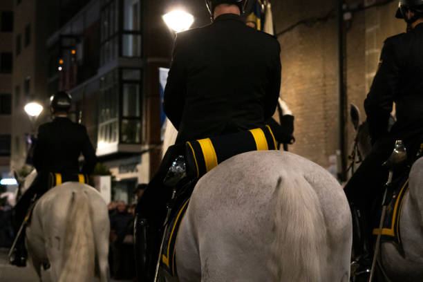 National Guard parading in a procession with a beautiful white horse, procession parade in the streets of Valladolid - Spain