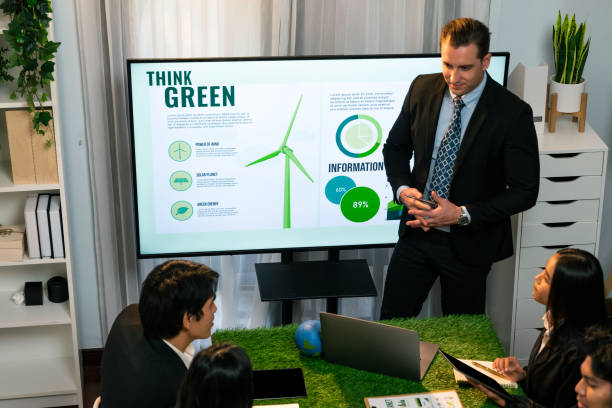 istock Businessman leader give presentation on eco-friendly implementation. Quaint 2149168959