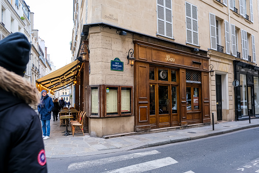 Paris, France - 20.02.2024. Le Balto French restaurant and bar facade located at the cross of Rue Mazarine and Rue Guenegaud in central Paris near Boulevard Saint Germain. Charming French restaurant