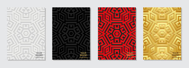 istock Set of artistic covers, vertical templates. A collection of relief, geometric backgrounds with an ethnic 3D pattern in the style of the Greek meander ornament. Boho motifs of the East, Asia, India, Mexico, Aztec. 2149170083