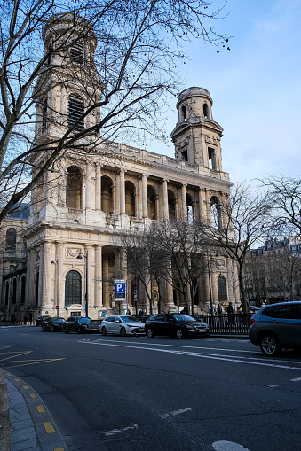 Paris, France - 20.02.2024. Church of Saint-Sulpice Catholic Church in Paris. 17th-century Roman Catholic place of worship with an ornate facade and naturally lit painted dome.