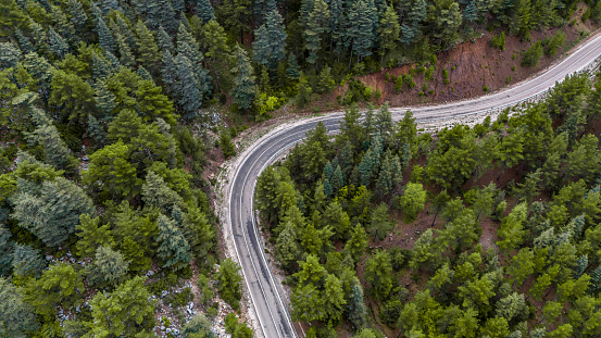 Forest area.Asphalt road view.Bird's eye view shot with drone