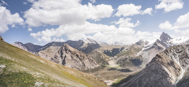 istock Panoramic landscape in the mountains with rocks and scree, with grass glades, snow and glaciers on a sunny summer day in the Fann Mountains in Tajikistan with mountain ranges 2149171663