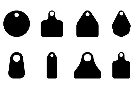 This image showcases a set of cow cattle tag icons, representing ear tags commonly used as identification labels for farm animals. The icons are depicted in black fill and serve as symbols for beefs. It's a vector illustration featuring earmark mockups for livestock.