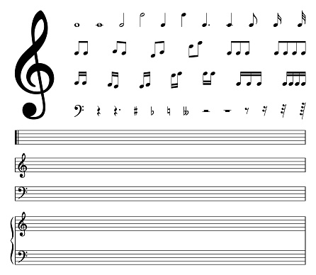 This image presents a set of music notes icons in black, representing symbols such as treble clef, bass, sharp, natural, flat, measure, bar, stave, five-line staff, and scale. It's depicted as a vector illustration.