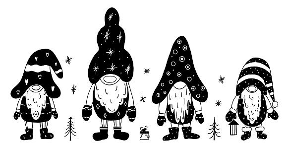 Set with xmas gnomes with long beard in hand drawn doodle style