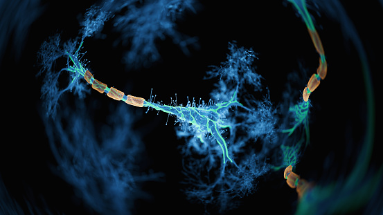 Firing Neurons - 3d rendered image of Neuron cell network on black background.  Conceptual medical illustration.  Healthcare concept. SEM [TEM] view. Glowing neurons signals.
