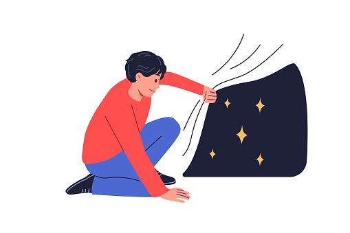Man looks at starry sky hidden under fabric, experiencing curiosity at sight of unknown starry space. Concept of searching for latent or non-obvious opportunities and ways to achieve your goals